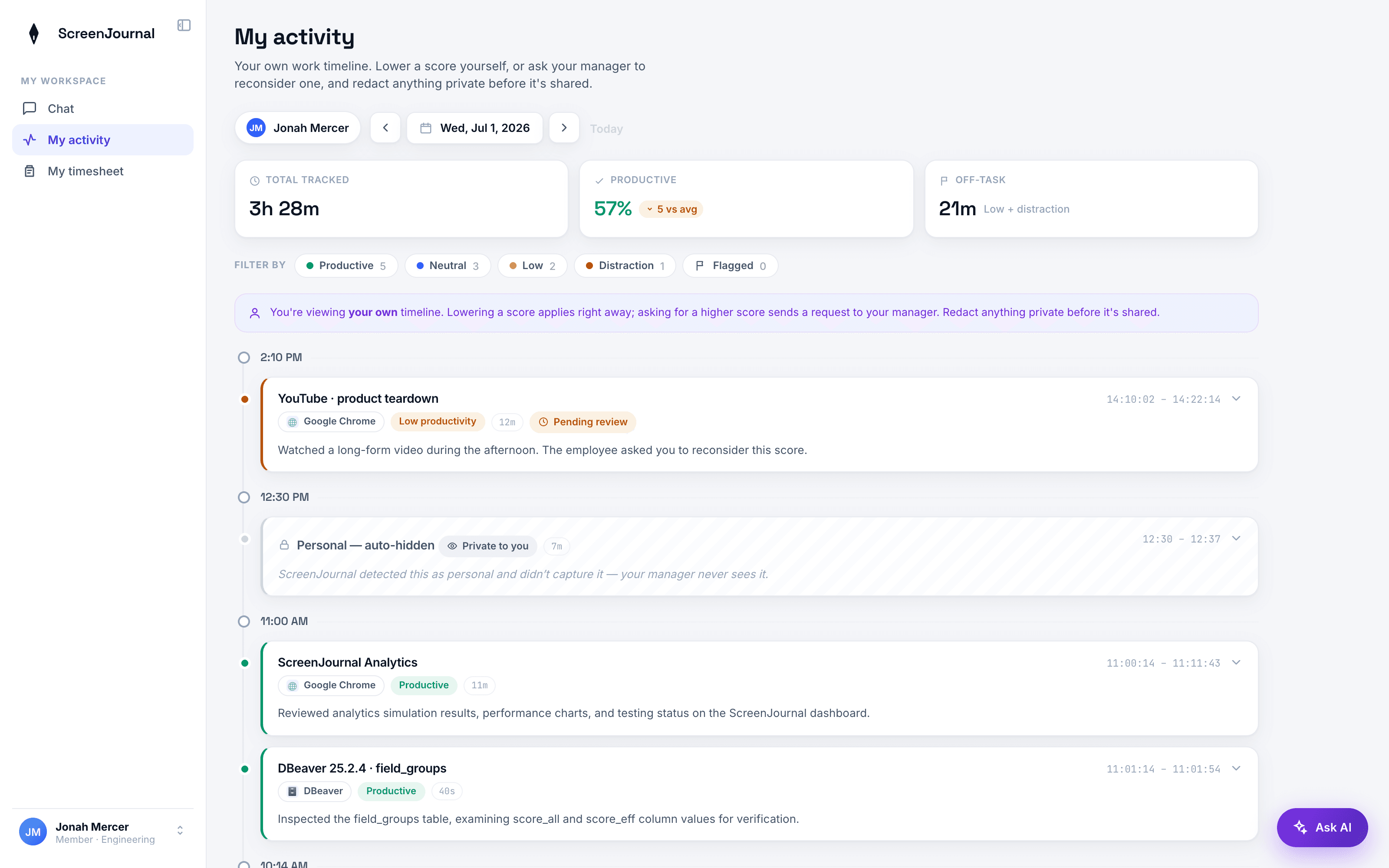 ScreenJournal Activity page showing a scored per-session work timeline with app badges and plain-English summaries.