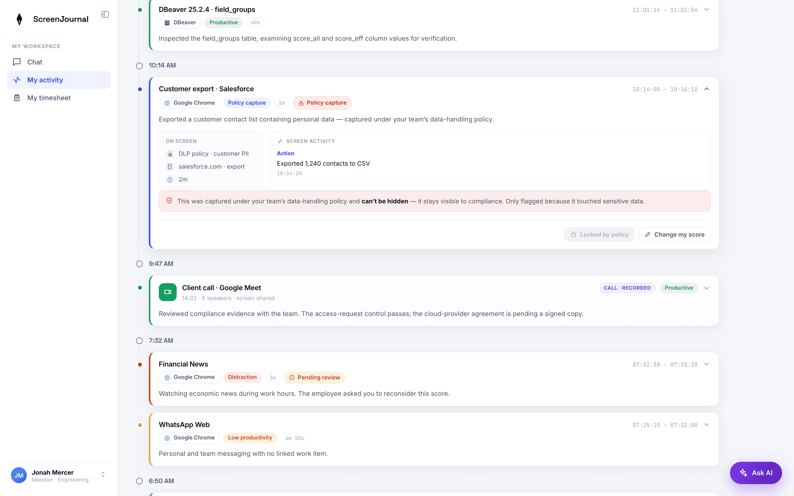 A ScreenJournal timeline entry in the locked Policy capture state, retained under a data-handling policy.