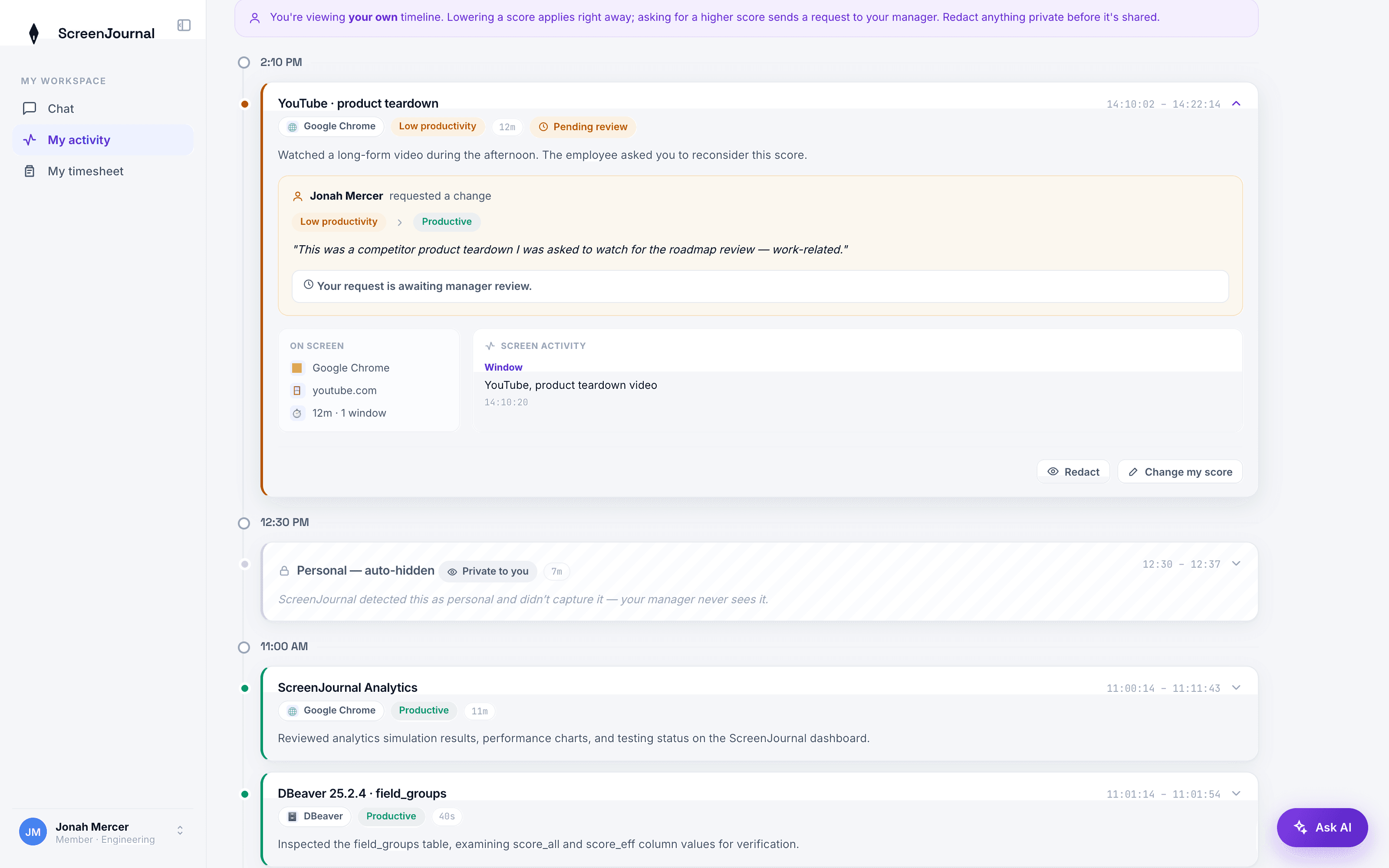 A per-entry score in the ScreenJournal timeline with a pending Change my score request.