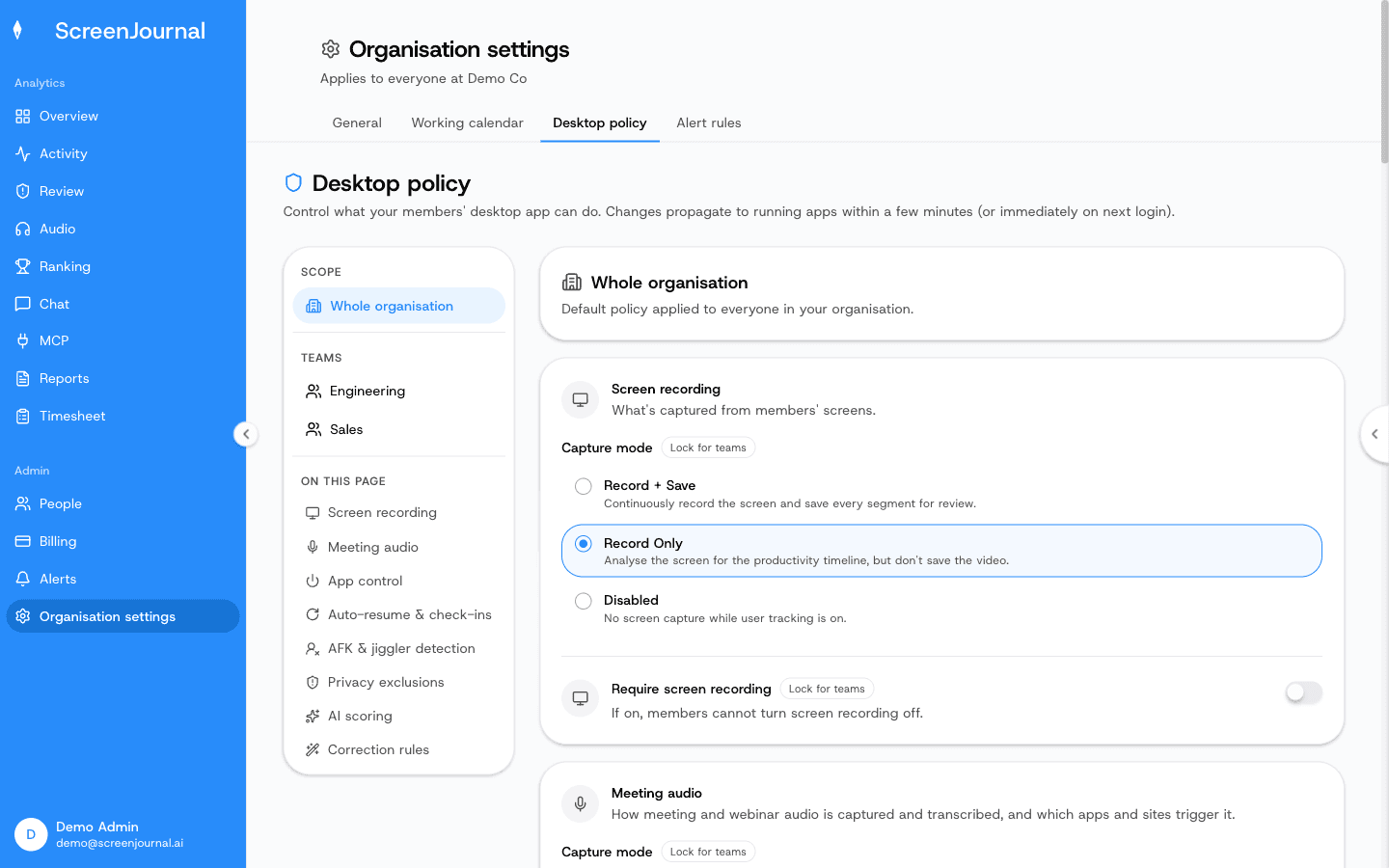 ScreenJournal desktop policy settings: capture mode, meeting audio, privacy exclusions, jiggler detection and correction rules.